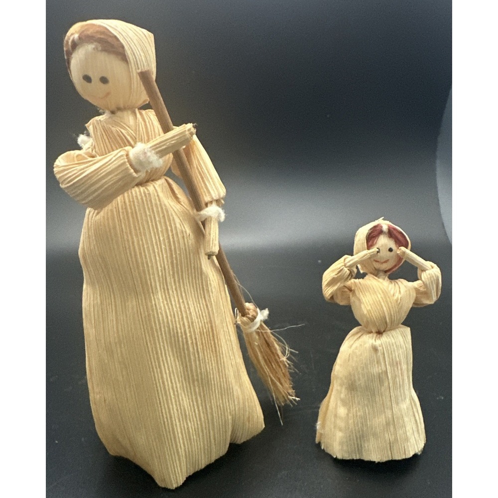 2 Vintage Corn Husk Women With Broom & Child 5.5" & 2.5" Standing